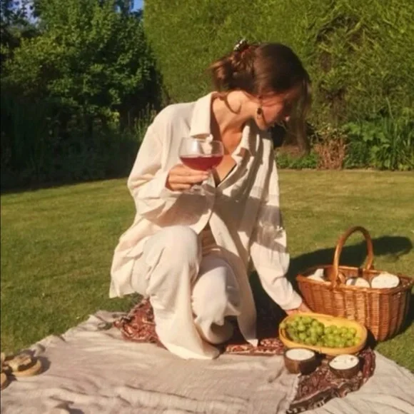 Shirt Pants 2 PC SET wide leg loose button collar spring summer womens cream - Picture 8 of 13